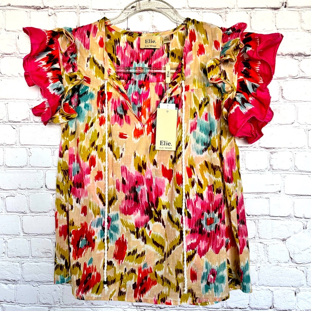 ELIE TAHARI Short Ruffled Cap Sleeve Floral Boho Blouse--NWT--S